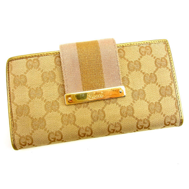 【BIGお買い物ラリー★30%OFFセール中】グッチ GUCCI 長財布ＧＧキャンバス ゴールド×ベージュ レディース 中古