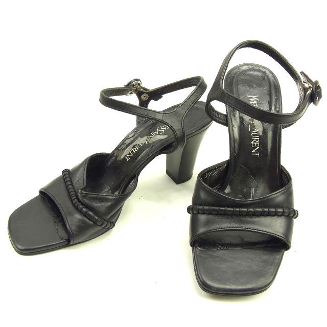 【BIGお買い物ラリー★30%OFFセール中】サンローラン SAINT LAURENT サンダルアンクルストラップ ♯35ハーフ チャンキーヒール ブラック レディース 中古
