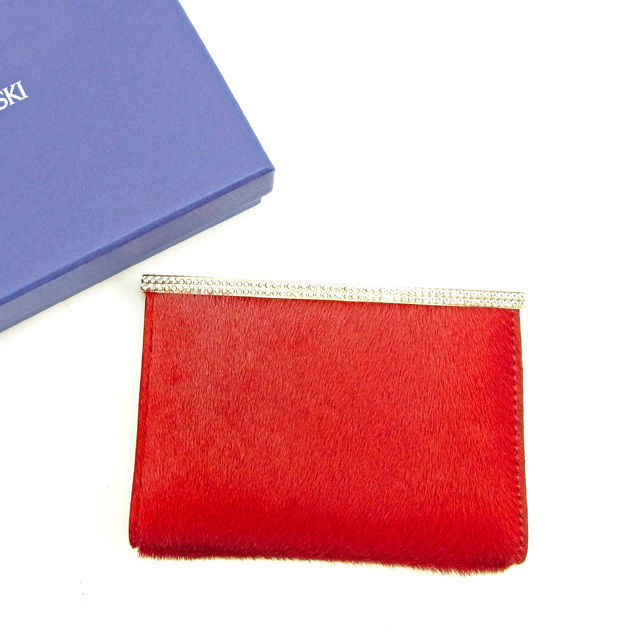 【X'masセール★30%OFF】スワロフスキー SWAROVSKI カードケースハラコ レッド×ゴールド レディース 中古