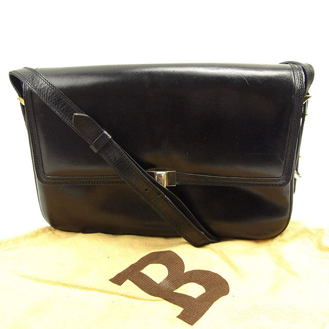 【BIGお買い物ラリー★30%OFFセール中】バリー BALLY ショルダーバッグBマークプレート ブラック×ゴールド レディース 中古