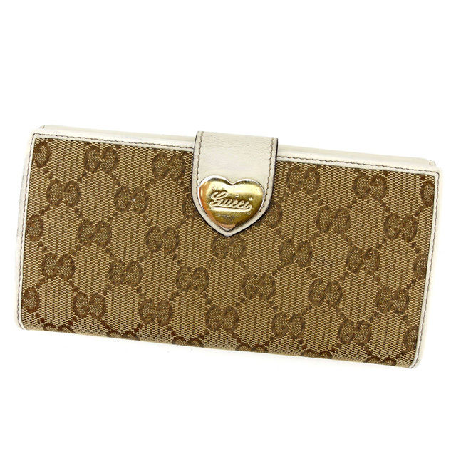 【BIGお買い物ラリー★30%OFFセール中】グッチ GUCCI 長財布GGキャンバス ハートプレート ベージュ×ブラウン×ホワイト系 レディース 中古
