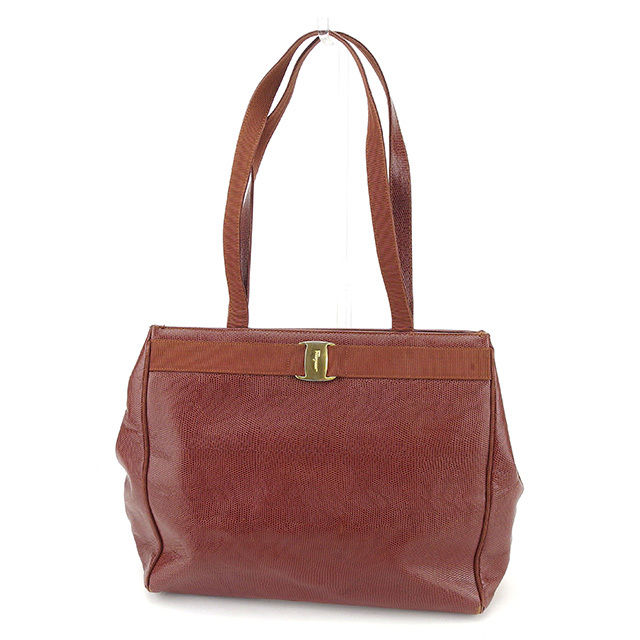 【BIGお買い物ラリー★30%OFFセール中】サルヴァトーレフェラガモ Salvatore Ferragamo トートバッグヴァラ金具 リザード調 ブラウン×ゴールド レディース 中古