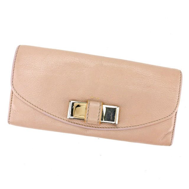 【BIGお買い物ラリー★30%OFFセール中】クロエ Chloe 長財布リリィ メタルリボン ピンクベージュ×ゴールド系 レディース 中古