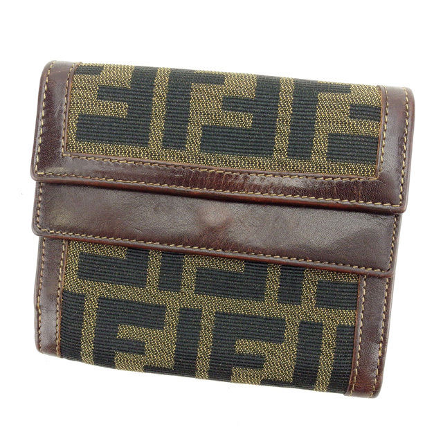 【BIGお買い物ラリー★30%OFFセール中】フェンディ FENDI 二つ折り財布ズッカ カーキ×ブラック×ブラウン レディース 中古