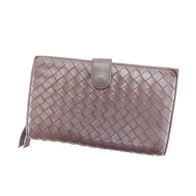 【BIGお買い物ラリー★30%OFFセール中】ボッテガヴェネタ BOTTEGAVENETA 長財布イントレチャート ブラウン×ゴールド レディース 中古