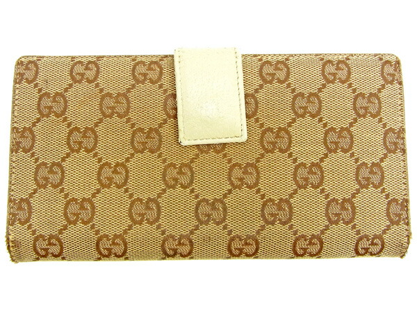 グッチ GUCCI 長財布GGキャンバス ベージュ×ブラウン レディース 中古