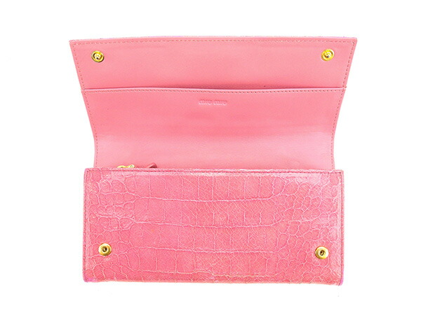 ミュウミュウ MIUMIU 長財布 クロコダイル調 ロゴ入り ピンク×ゴールド