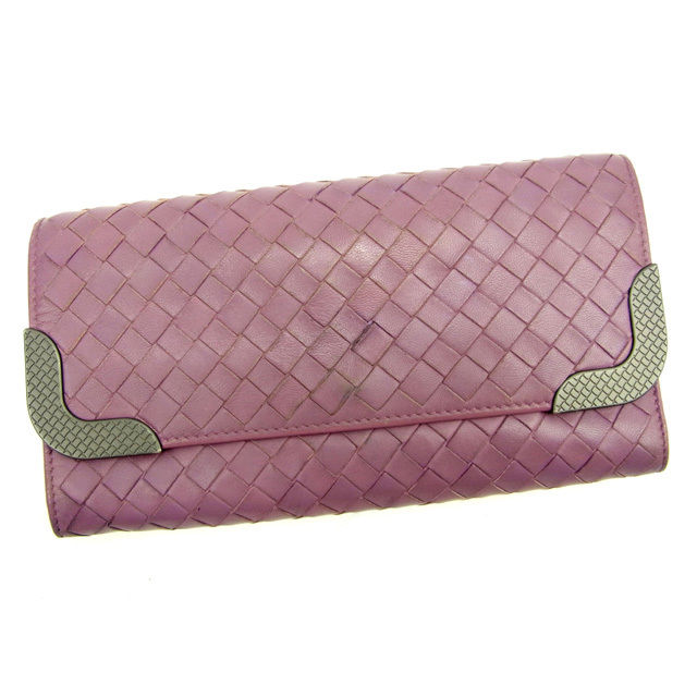 【BIGお買い物ラリー★30%OFFセール中】ボッテガヴェネタ BOTTEGAVENETA 長財布イントレチャート パープル レディース 中古