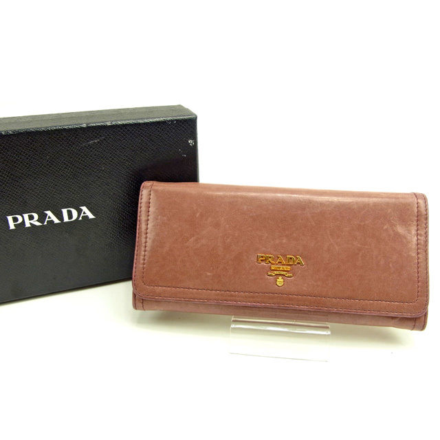 【BIGお買い物ラリー★30%OFFセール中】プラダ PRADA 長財布ロゴ ダークピンク×ゴールド レディース 中古