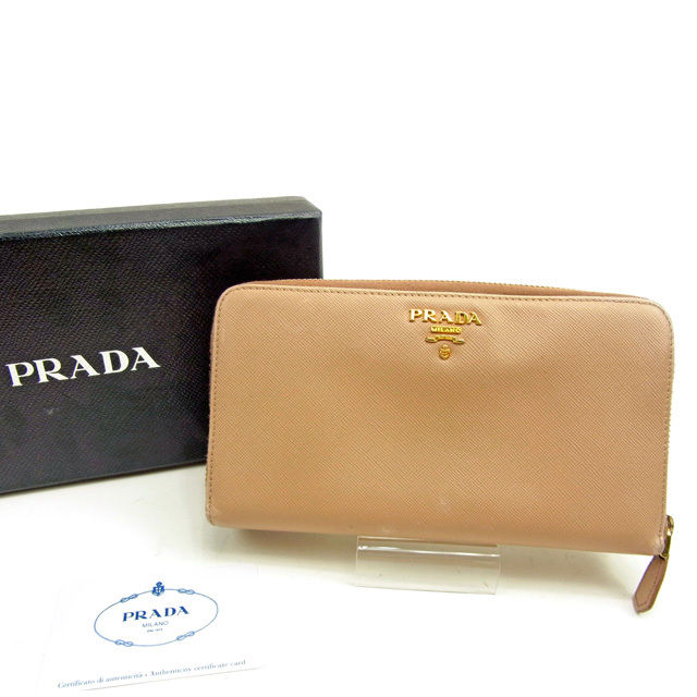 【BIGお買い物ラリー★30%OFFセール中】プラダ PRADA 長財布ロゴ ピンクベージュ×ゴールド レディース 中古