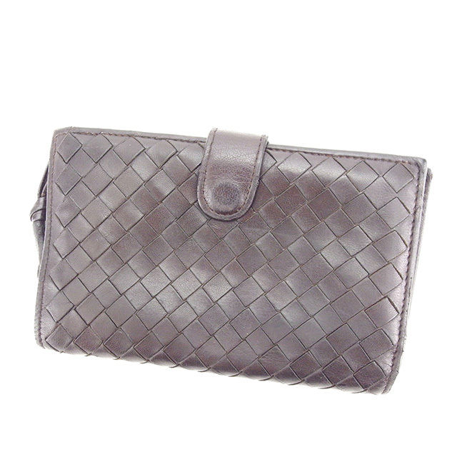 【X'masセール★30%OFF】ボッテガヴェネタ BOTTEGAVENETA 二つ折り財布イントレチャート ダークブラウン×ゴールド レディース 中古
