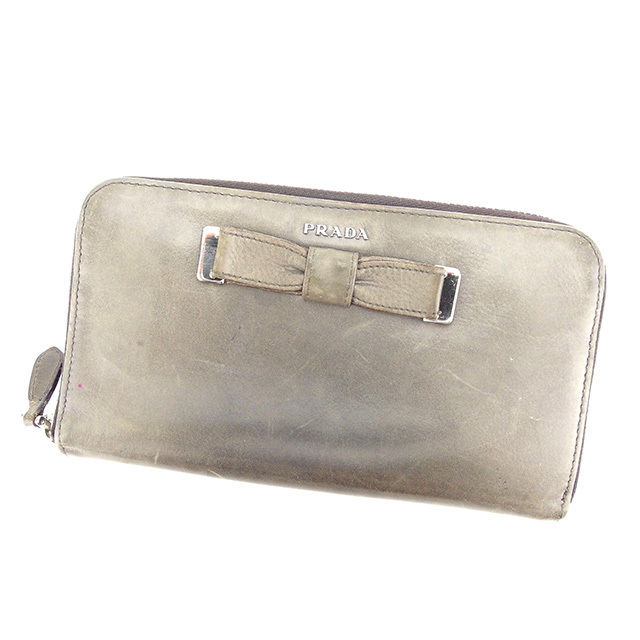 【BIGお買い物ラリー★30%OFFセール中】プラダ PRADA 長財布リボンモチーフ グレー×シルバー系 レディース 中古
