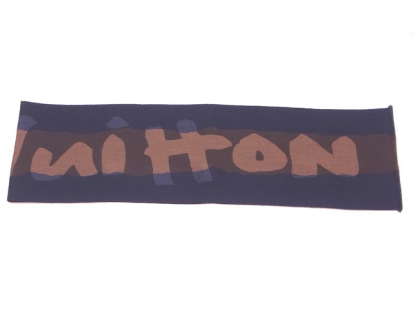 ルイ・ヴィトン LOUIS VUITTON マフラーロゴライン ネイビー×ブラウン系 レディース 中古_2