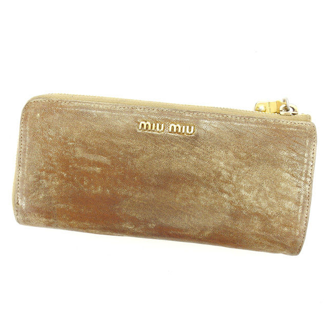 【X'masセール★30%OFF】ミュウミュウ MIUMIU 長財布スタッズ ブラウン×ゴールド レディース 中古