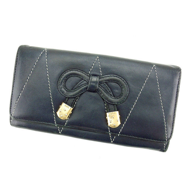 【BIGお買い物ラリー★30%OFFセール中】シーバイクロエ SEE BY CHLOE 長財布リボンモチーフ ブラック×ゴールド レディース 中古