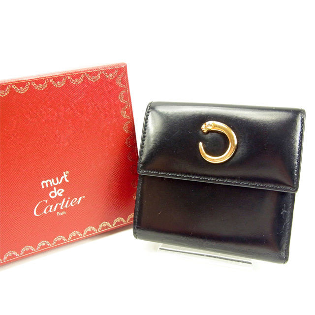 【BIGお買い物ラリー★30%OFFセール中】カルティエ CARTIER 三つ折り財布パンテール ブラック レディース 中古