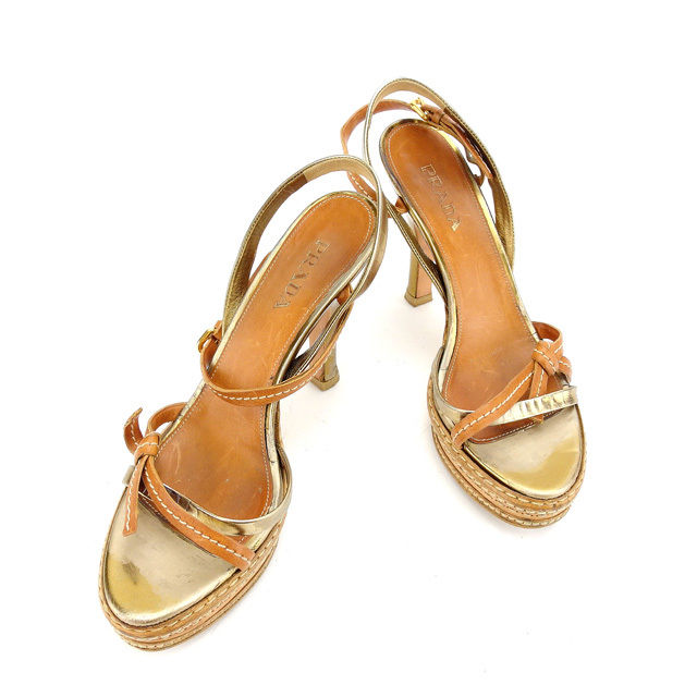 【BIGお買い物ラリー★30%OFFセール中】プラダ PRADA サンダルクロスデザイン ♯38 ベージュ×ゴールド レディース 中古