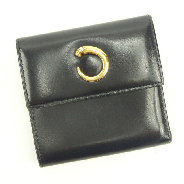 【BIGお買い物ラリー★30%OFFセール中】カルティエ CARTIER 三つ折り財布パンテール ブラック×ゴールド レディース 中古