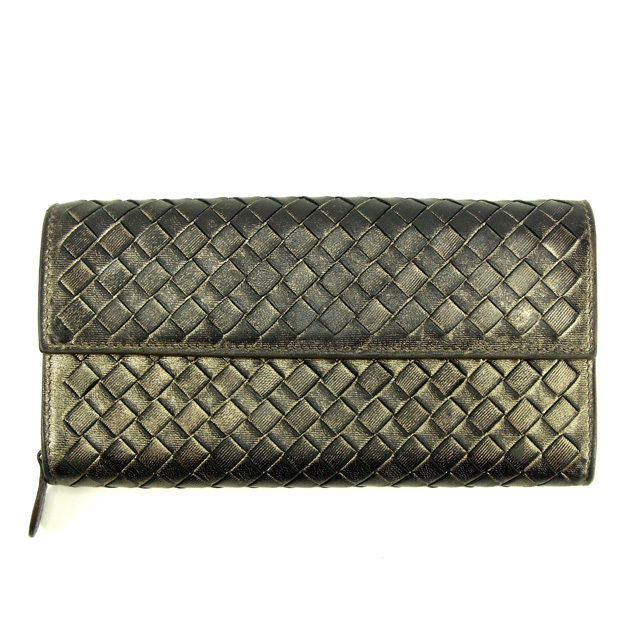 【BIGお買い物ラリー★30%OFFセール中】ボッテガヴェネタ BOTTEGAVENETA 長財布イントレチャート シルバー レディース 中古