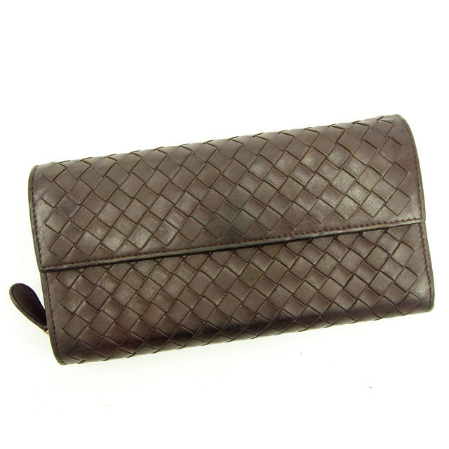 【BIGお買い物ラリー★30%OFFセール中】ボッテガヴェネタ BOTTEGAVENETA 長財布イントレチャート ブラウン レディース 中古