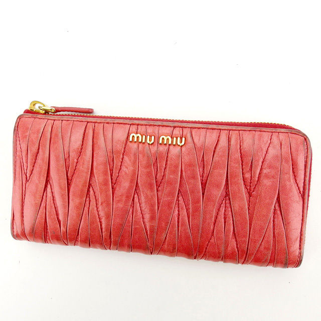 【BIGお買い物ラリー★30%OFFセール中】ミュウミュウ MIUMIU 長財布マテラッセ ピンク×ゴールド レディース 中古