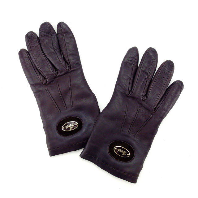 【BIGお買い物ラリー★30%OFFセール中】グッチ GUCCI 手袋ロゴプレート ダークブラウン×ゴールド レディース 中古