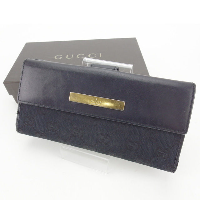 【BIGお買い物ラリー★30%OFFセール中】グッチ GUCCI 長財布ＧＧキャンバス ブラック×ゴールド レディース 中古