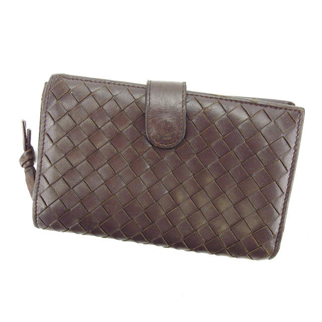 【BIGお買い物ラリー★30%OFFセール中】ボッテガヴェネタ BOTTEGAVENETA 二つ折り財布イントレチャート ダークブラウン×ゴールド レディース 中古