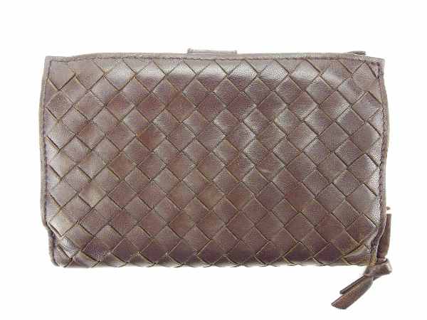 ボッテガヴェネタ BOTTEGAVENETA 二つ折り財布イントレチャート ダークブラウン×ゴールド レディース 中古_1