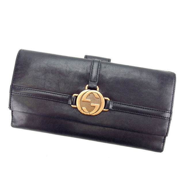 【BIGお買い物ラリー★30%OFFセール中】グッチ GUCCI 長財布ダブルＧ ブラック×ゴールド レディース 中古