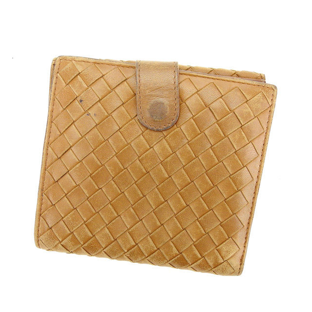 【BIGお買い物ラリー★30%OFFセール中】ボッテガヴェネタ BOTTEGAVENETA 二つ折り財布イントレチャート ライトブラウン レディース 中古