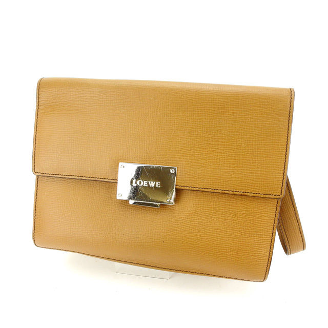 【X'masセール★30%OFF】ロエベ LOEWE セカンドバッグロゴプレート キャメル×シルバー レディース 中古