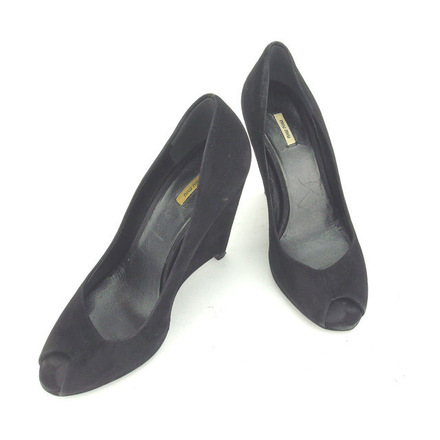 【BIGお買い物ラリー★30%OFFセール中】ミュウミュウ MIUMIU パンプスオープントゥ ♯35 ウエッジソール ブラック レディース 中古