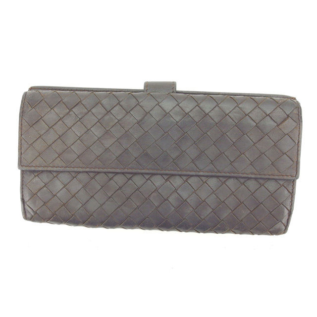【BIGお買い物ラリー★30%OFFセール中】ボッテガヴェネタ BOTTEGAVENETA 長財布イントレチャート ダークブラウン レディース 中古