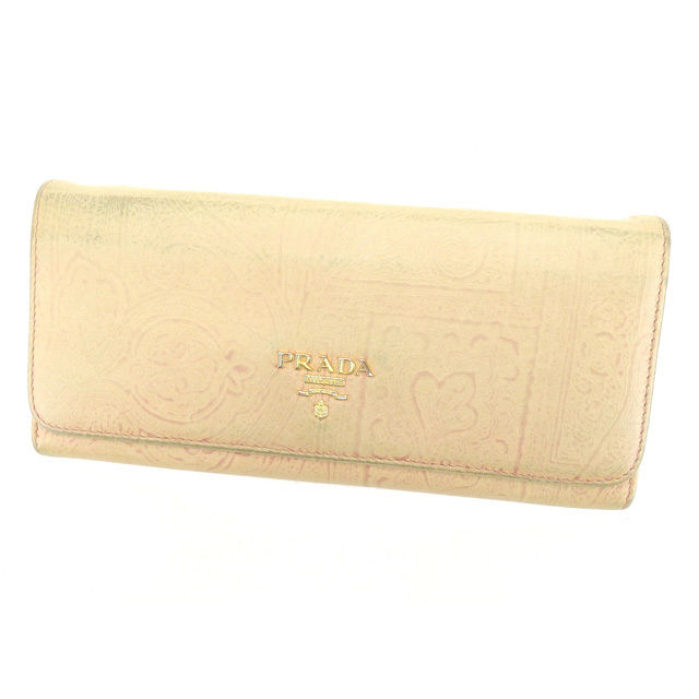 【BIGお買い物ラリー★30%OFFセール中】プラダ PRADA 長財布ペイズリー ベージュ×ピンク×ゴールド レディース 中古