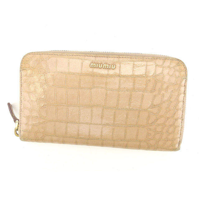 【X'masセール★30%OFF】ミュウミュウ MIUMIU 長財布クロコダイル調 ピンクベージュ×ゴールド レディース 中古