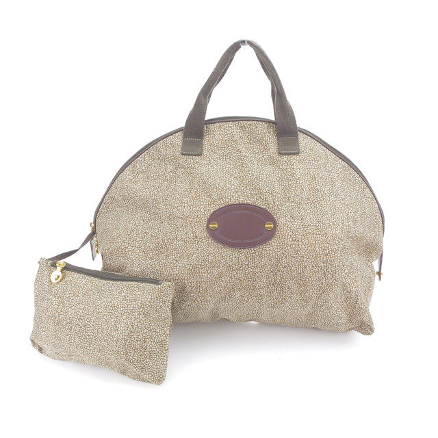 【BIGお買い物ラリー★30%OFFセール中】ボルボネーゼ BORBONESE ボストンバッグウズラ柄 redwallタグ付き ベージュ×ブラウン×ゴールド レディース 中古