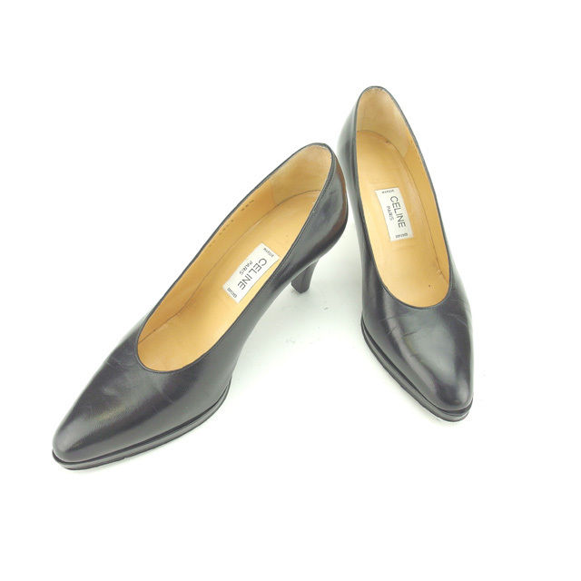 【BIGお買い物ラリー★30%OFFセール中】セリーヌ CELINE パンプスロゴボタン ♯35ハーフ ブラック×ゴールド レディース 中古