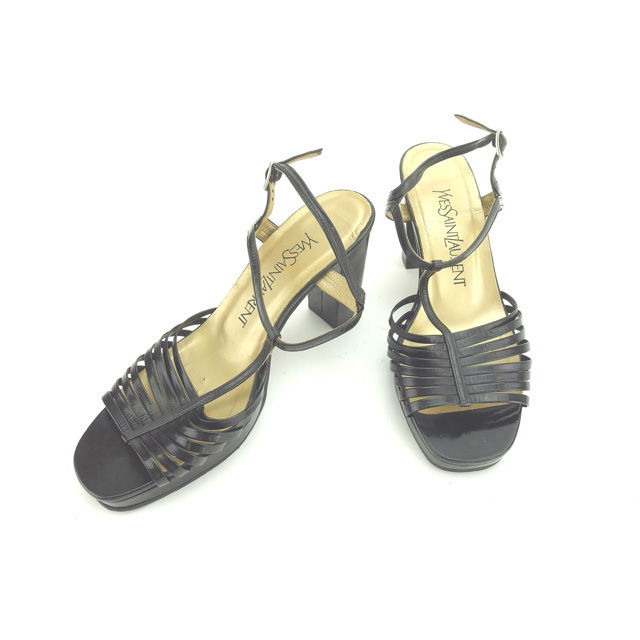 【BIGお買い物ラリー★30%OFFセール中】イヴ・サンローラン YVES SAINT LAURENT サンダルTストラップ ♯36 チャンキーヒール ブラック×ゴールド レディース 中古