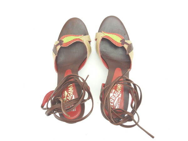【30％OFF★週末タイムSALE】サルヴァトーレフェラガモ Salvatore Ferragamo サンダルフラワーモチーフ ♯5C レースアップ ベージュ×ブラウン×レッド系 レディース 中古_1