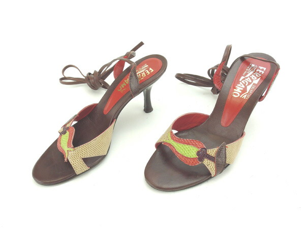 【30％OFF★週末タイムSALE】サルヴァトーレフェラガモ Salvatore Ferragamo サンダルフラワーモチーフ ♯5C レースアップ ベージュ×ブラウン×レッド系 レディース 中古_3