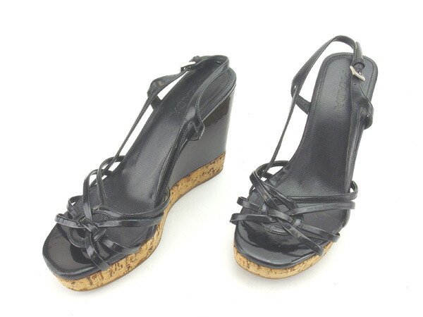 【週末セール★30％OFF】プラダ PRADA サンダルウェッジソール ♯35ハーフ ブラック×ナチュラル レディース 中古_3