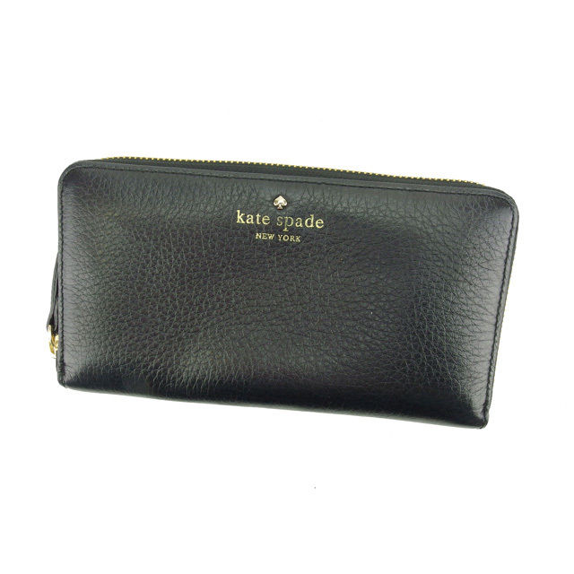 【BIGお買い物ラリー★30%OFFセール中】ケイトスペード Kate Spade 長財布スペードマーク ブラック×ゴールド レディース 中古