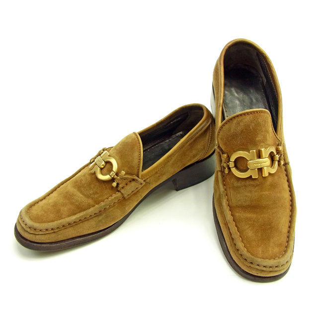 【BIGお買い物ラリー★30%OFFセール中】サルヴァトーレフェラガモ Salvatore Ferragamo ローファーガンチーニ金具 ♯5D ラウンドトゥ ベージュ×ブラウン×ゴールド レディース 中古