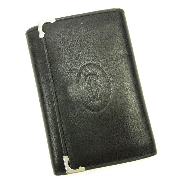 【BIGお買い物ラリー★30%OFFセール中】カルティエ CARTIER キーケースカボション 角プレート付き ブラック×シルバー レディース 中古