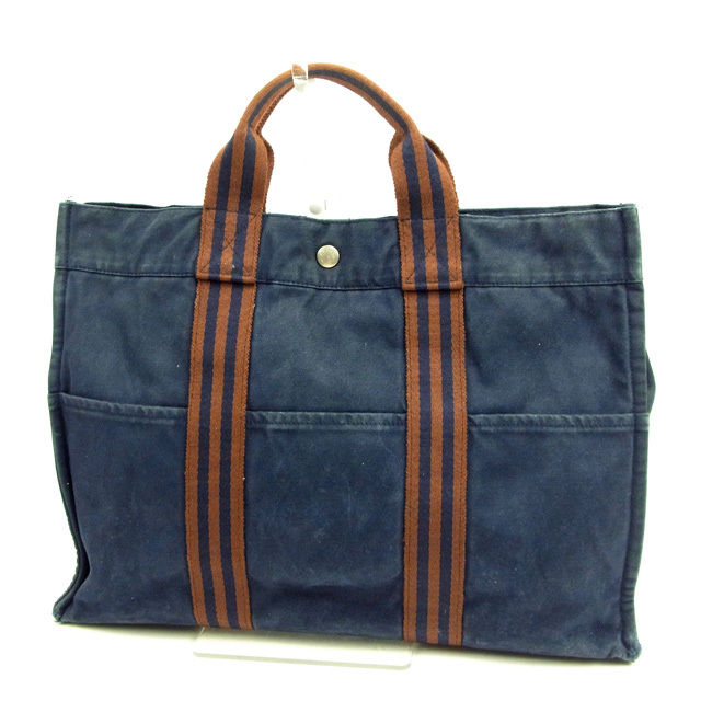 【BIGお買い物ラリー★30%OFFセール中】エルメス HERMES トートバッグフールトゥ トートMM ネイビー×ブラウン レディース 中古