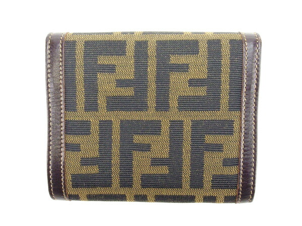 【GWタイムセール】フェンディ FENDI 三つ折り財布ズッカ Wフラップ カーキ×ブラック×ブラウン レディース 中古_1