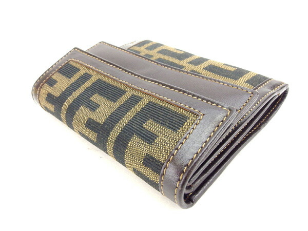 【GWタイムセール】フェンディ FENDI 三つ折り財布ズッカ Wフラップ カーキ×ブラック×ブラウン レディース 中古_3