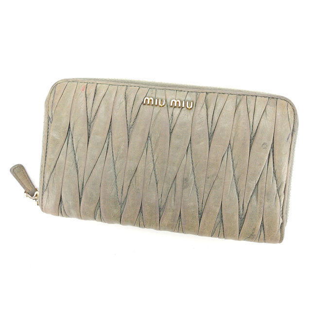 【X'masセール★30%OFF】ミュウミュウ MIUMIU 長財布マテラッセ ロゴ入り グレーグリーン×ゴールド レディース 中古