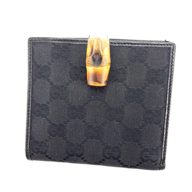 【X'masセール★30%OFF】グッチ GUCCI 二つ折り財布ＧＧキャンバス バンブークリップ付き ブラック×シルバー×ナチュラル レディース 中古